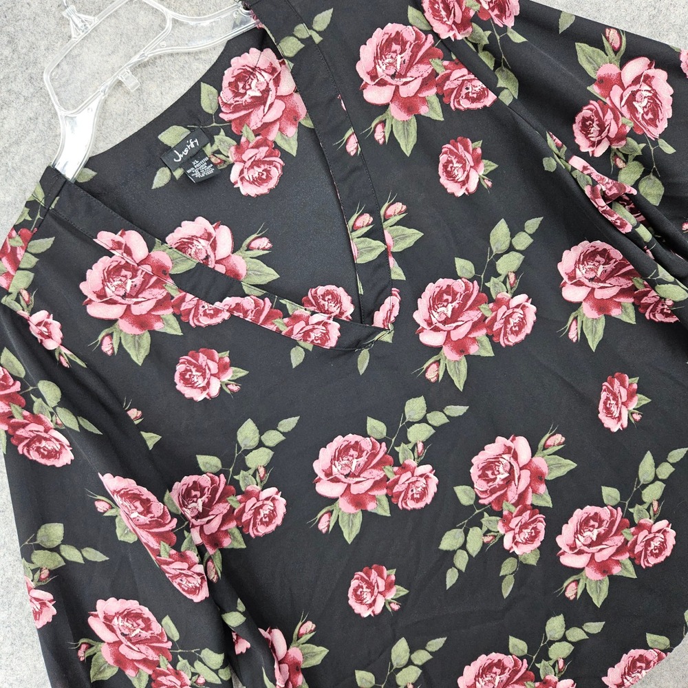 Justify Floral Blouse Women's XL Black Pink Rose V-Neck Tie Sleeve Top Polyester